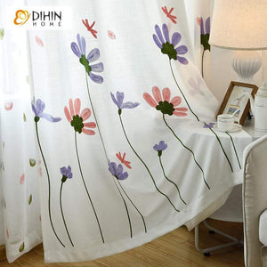 DIHINHOME Home Textile Pastoral Curtain DIHIN HOME Purple and Pink Flowers Embroidered,Blackout Grommet Window Curtain for Living Room ,52x63-inch,1 Panel