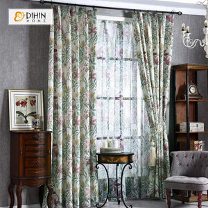 DIHINHOME Home Textile Pastoral Curtain DIHIN HOME Purple Flowers and Leaves Printed，Blackout Grommet Window Curtain for Living Room ,52x63-inch,1 Panel