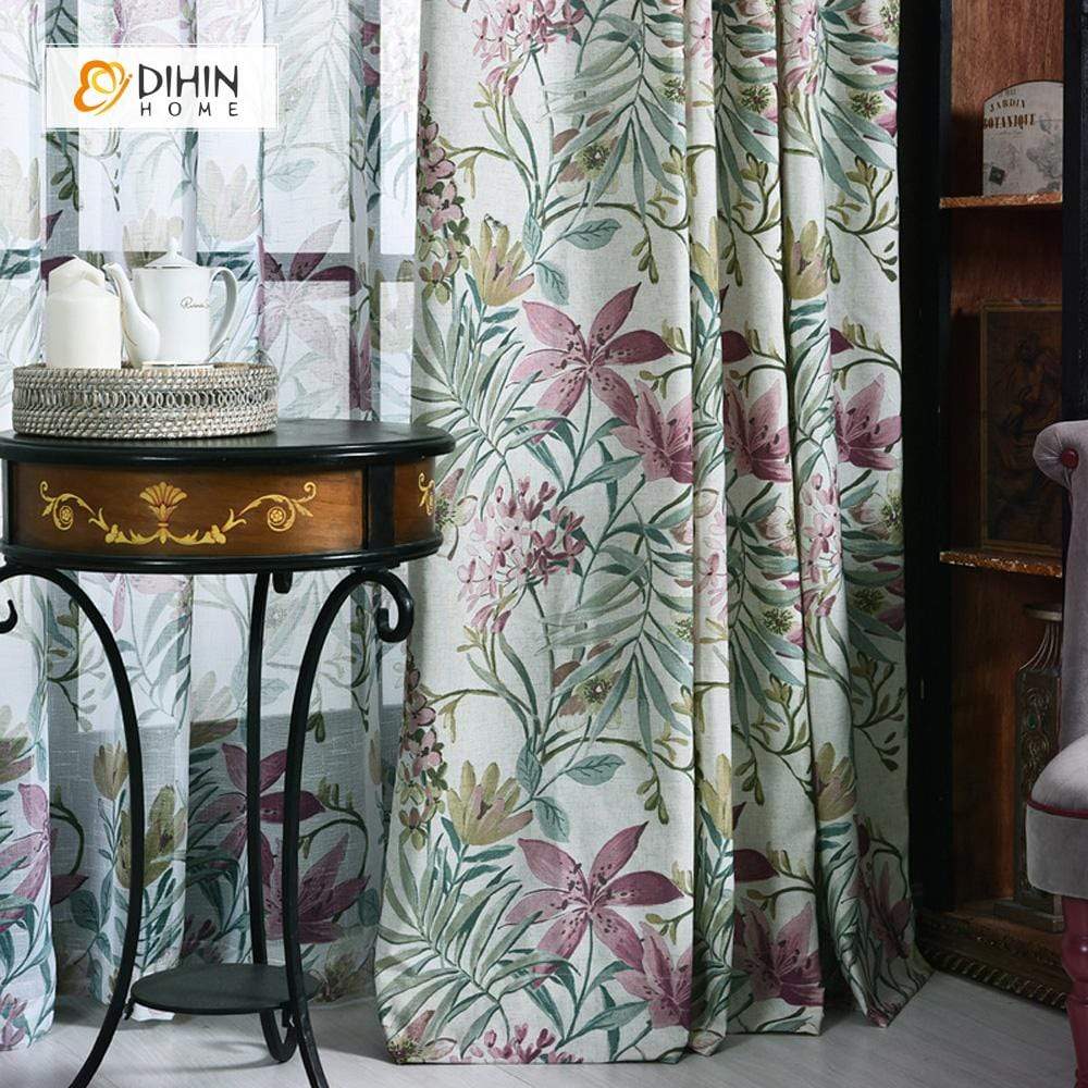DIHINHOME Home Textile Pastoral Curtain DIHIN HOME Purple Flowers and Leaves Printed，Blackout Grommet Window Curtain for Living Room ,52x63-inch,1 Panel