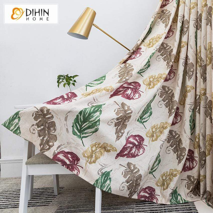 DIHINHOME Home Textile Pastoral Curtain DIHIN HOME Red and Green Leaves Printed,Blackout Grommet Window Curtain for Living Room ,52x63-inch,1 Panel