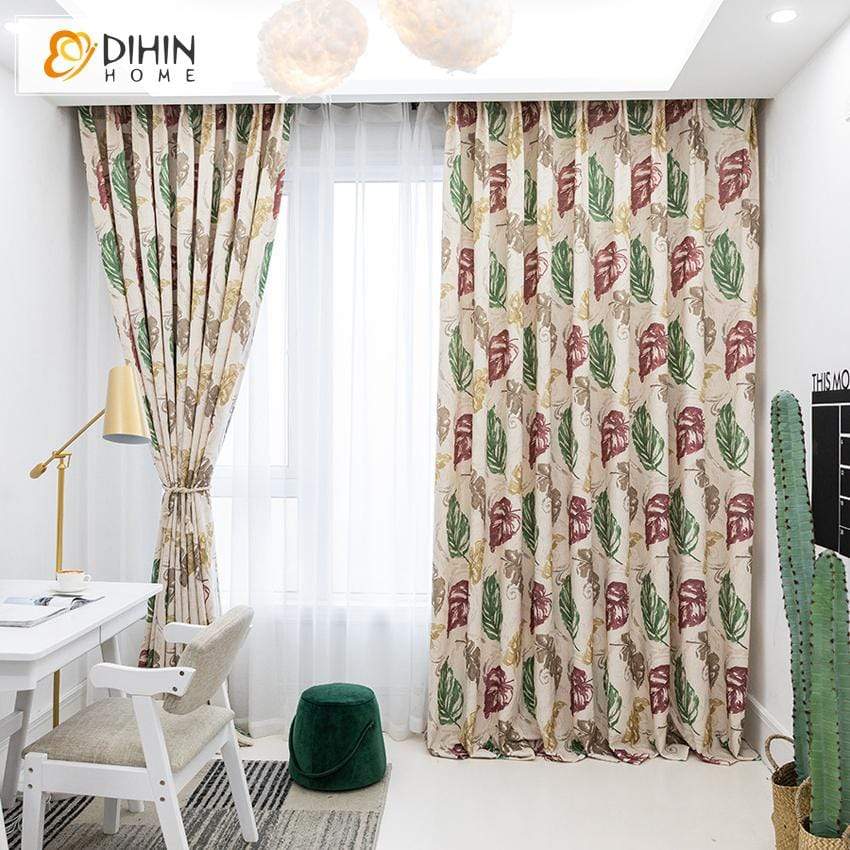 DIHINHOME Home Textile Pastoral Curtain DIHIN HOME Red and Green Leaves Printed,Blackout Grommet Window Curtain for Living Room ,52x63-inch,1 Panel