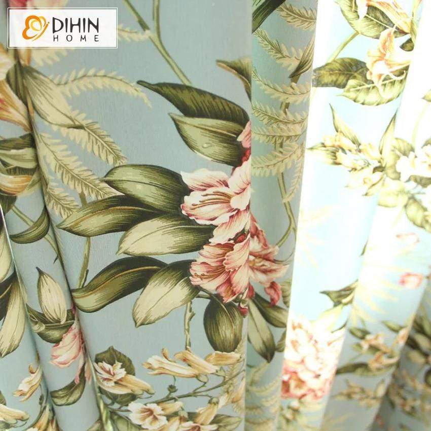 DIHINHOME Home Textile Pastoral Curtain DIHIN HOME Red Flowers Green Leaves Printed,Blackout Grommet Window Curtain for Living Room ,52x63-inch,1 Panel