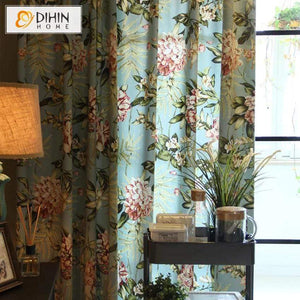 DIHINHOME Home Textile Pastoral Curtain DIHIN HOME Red Flowers Green Leaves Printed,Blackout Grommet Window Curtain for Living Room ,52x63-inch,1 Panel