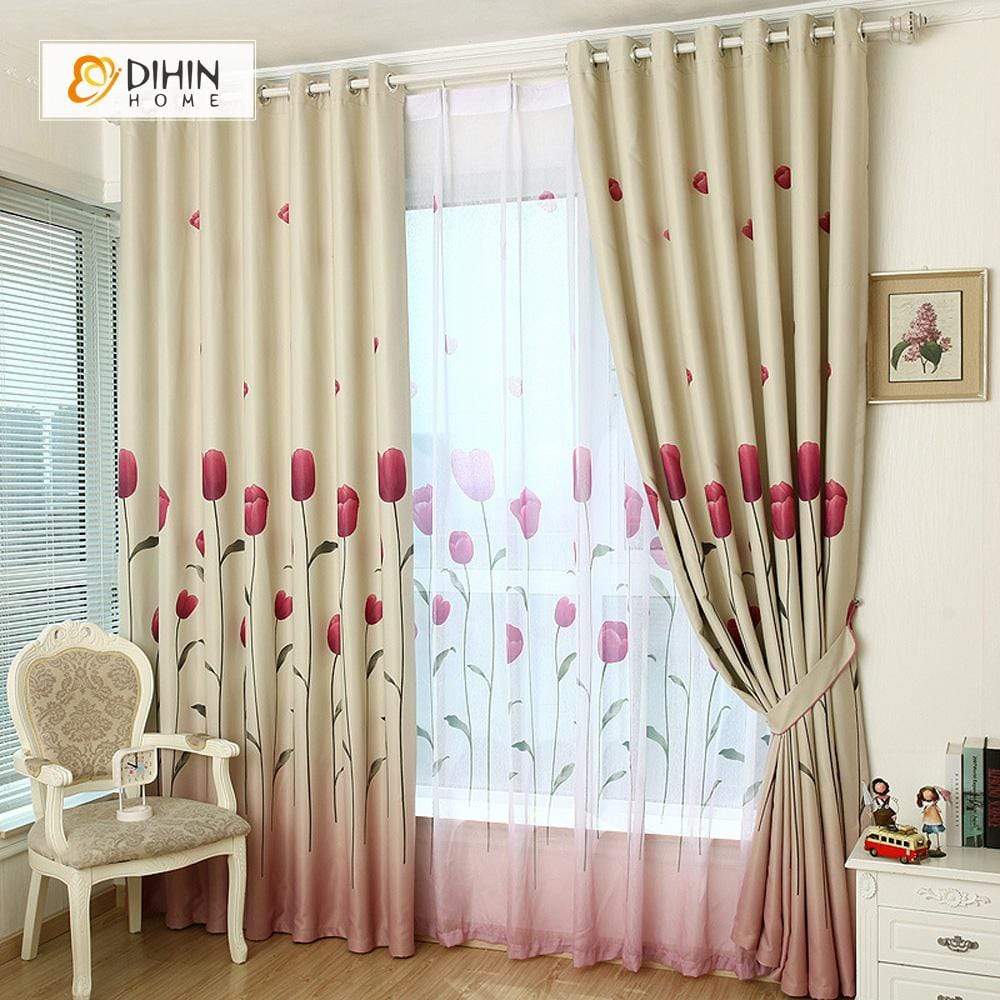 DIHINHOME Home Textile Pastoral Curtain DIHIN HOME Red Flowers Printed，Blackout Grommet Window Curtain for Living Room ,52x63-inch,1 Panel