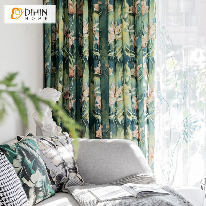 DIHINHOME Home Textile Pastoral Curtain DIHIN HOME Retro Ink Painting Printed,Blackout Grommet Window Curtain for Living Room ,52x63-inch,1 Panel