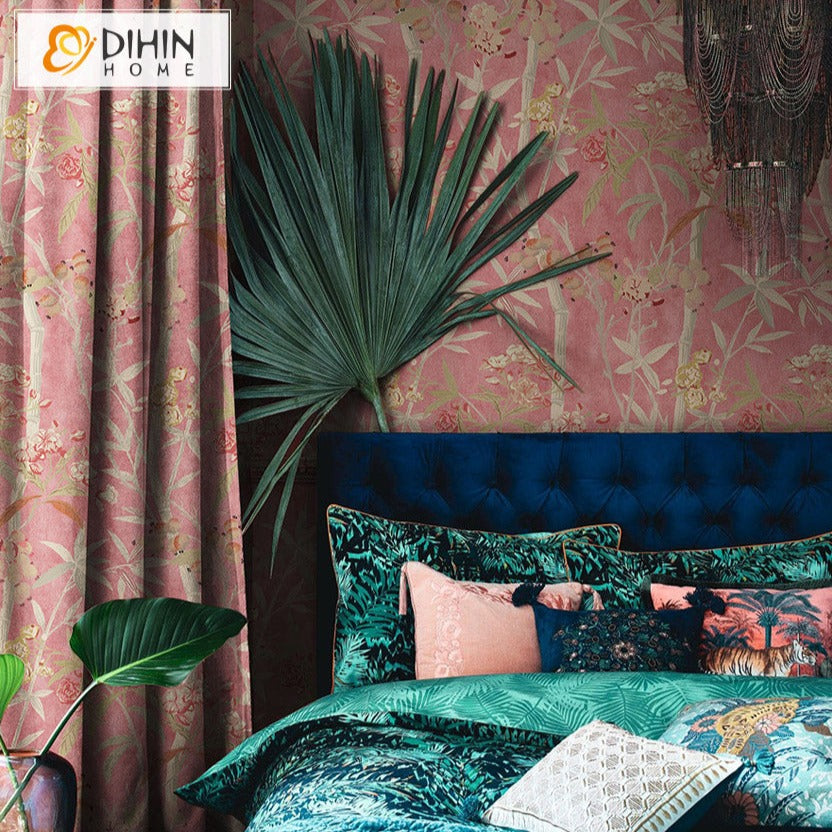 DIHINHOME Home Textile Pastoral Curtain DIHIN HOME Retro Luxury Flowers Printed,Blackout Grommet Window Curtain for Living Room
