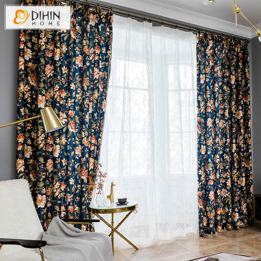 DIHINHOME Home Textile Pastoral Curtain DIHIN HOME Retro Pastoral Flowers Printed Curtains,Blackout Grommet Window Curtain for Living Room ,52x63-inch,1 Panel
