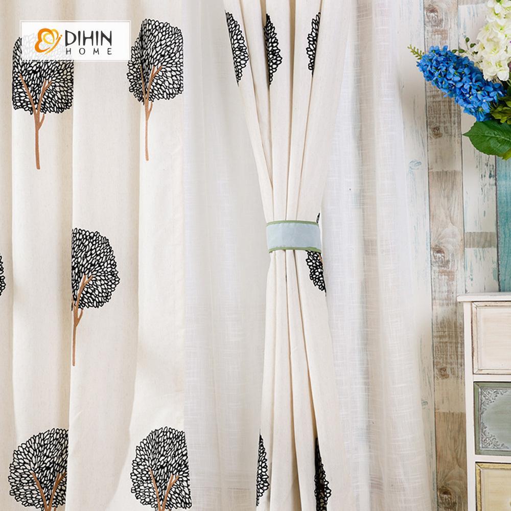 DIHINHOME Home Textile Pastoral Curtain DIHIN HOME  Round Trees Embroidered ,Cotton Linen ,Blackout Grommet Window Curtain for Living Room ,52x63-inch,1 Panel