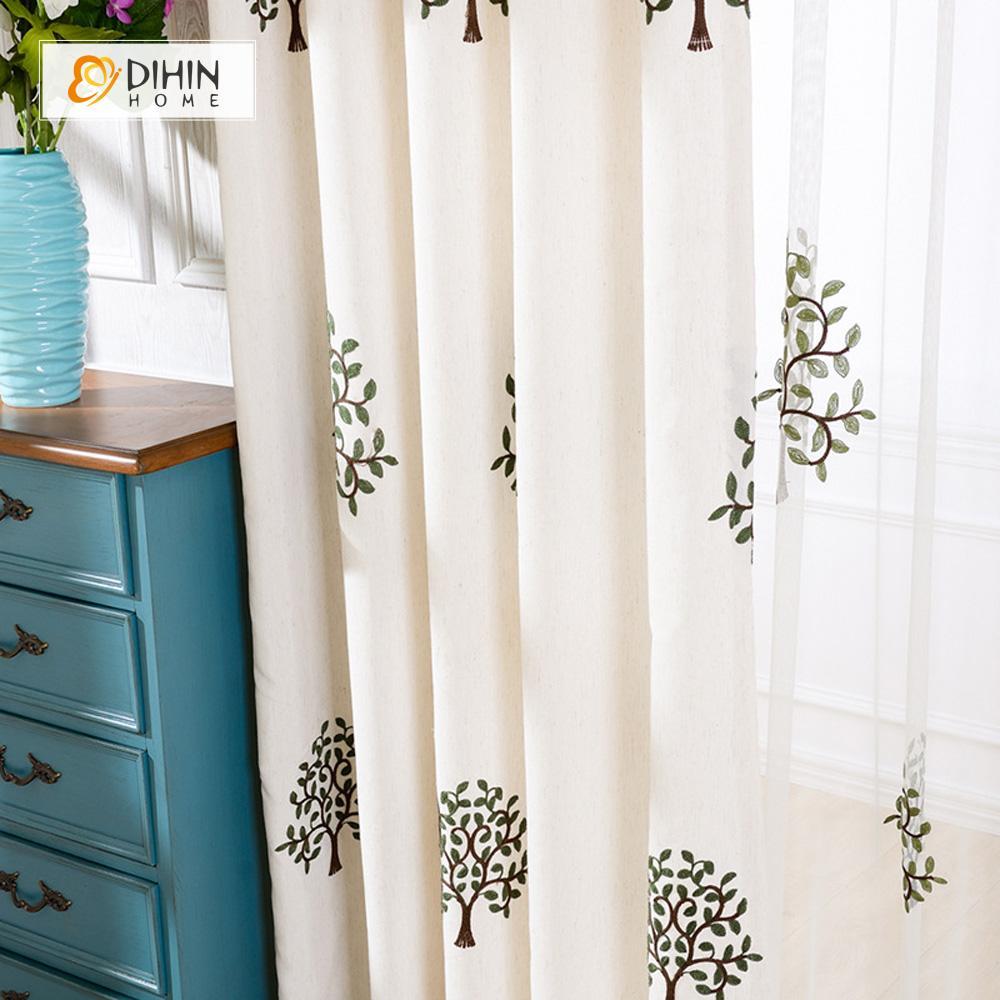 DIHINHOME Home Textile Pastoral Curtain DIHIN HOME  Scattered Trees Embroidered ,Cotton Linen ,Blackout Grommet Window Curtain for Living Room ,52x63-inch,1 Panel