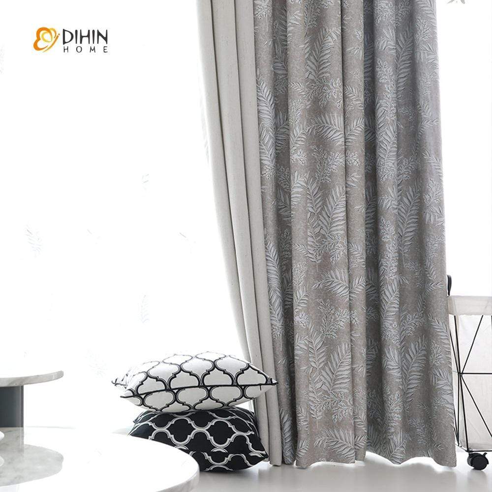 DIHINHOME Home Textile Pastoral Curtain DIHIN HOME Silver Intensive Leaves Printed，Blackout Grommet Window Curtain for Living Room ,52x63-inch,1 Panel