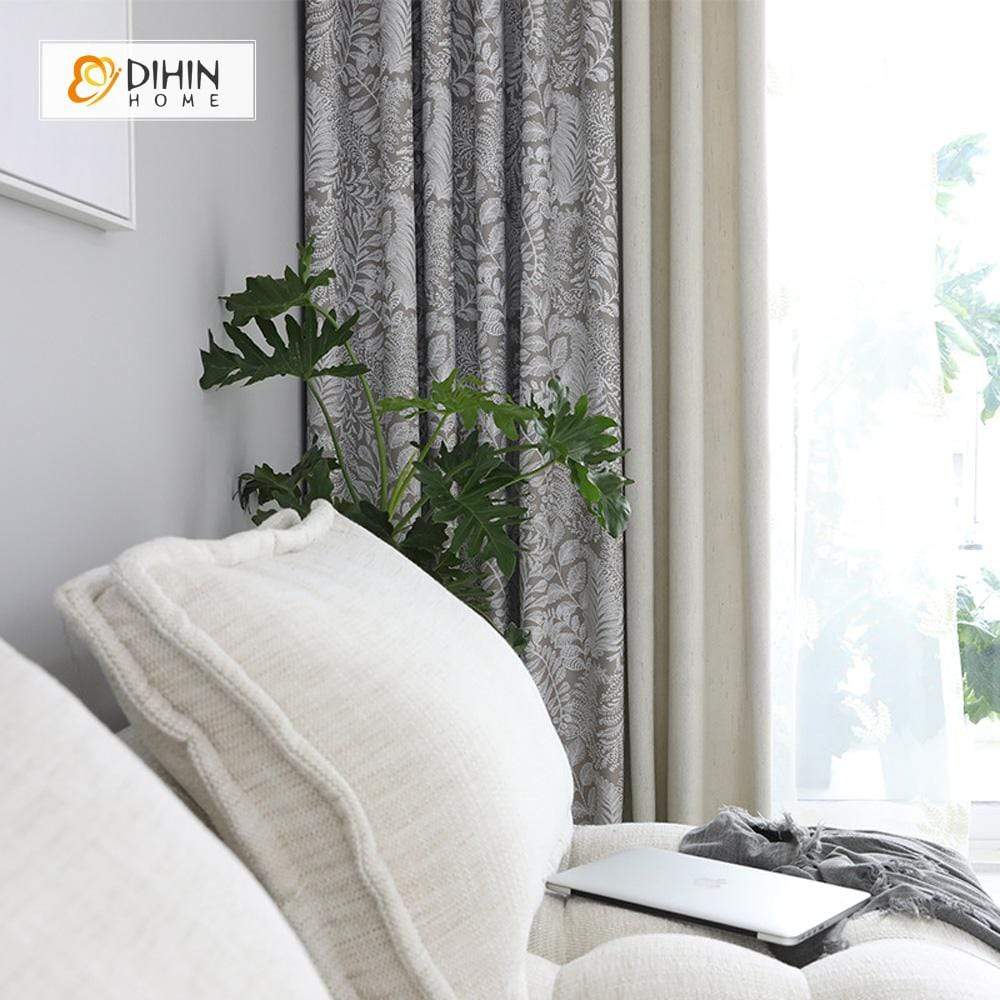 DIHINHOME Home Textile Pastoral Curtain DIHIN HOME Silver Intensive Leaves Printed，Blackout Grommet Window Curtain for Living Room ,52x63-inch,1 Panel