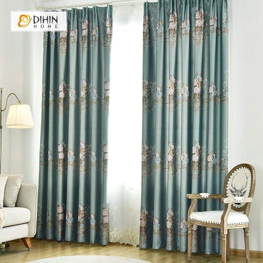 DIHIN HOME SImple Blue Flower Printed，Blackout Grommet Window Curtain for Living Room ,52x63-inch,1 Panel