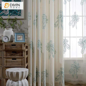 DIHINHOME Home Textile Pastoral Curtain DIHIN HOME Simple Blue Leaves Embroidered,Blackout Grommet Window Curtain for Living Room ,52x63-inch,1 Panel