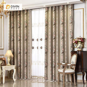 DIHINHOME Home Textile Pastoral Curtain DIHIN HOME SImple Brown Flower Printed，Blackout Grommet Window Curtain for Living Room ,52x63-inch,1 Panel