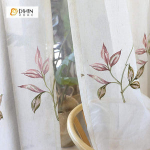 DIHINHOME Home Textile Pastoral Curtain DIHIN HOME Simple Leaves Embroidered，Blackout Grommet Window Curtain for Living Room ,52x63-inch,1 Panel