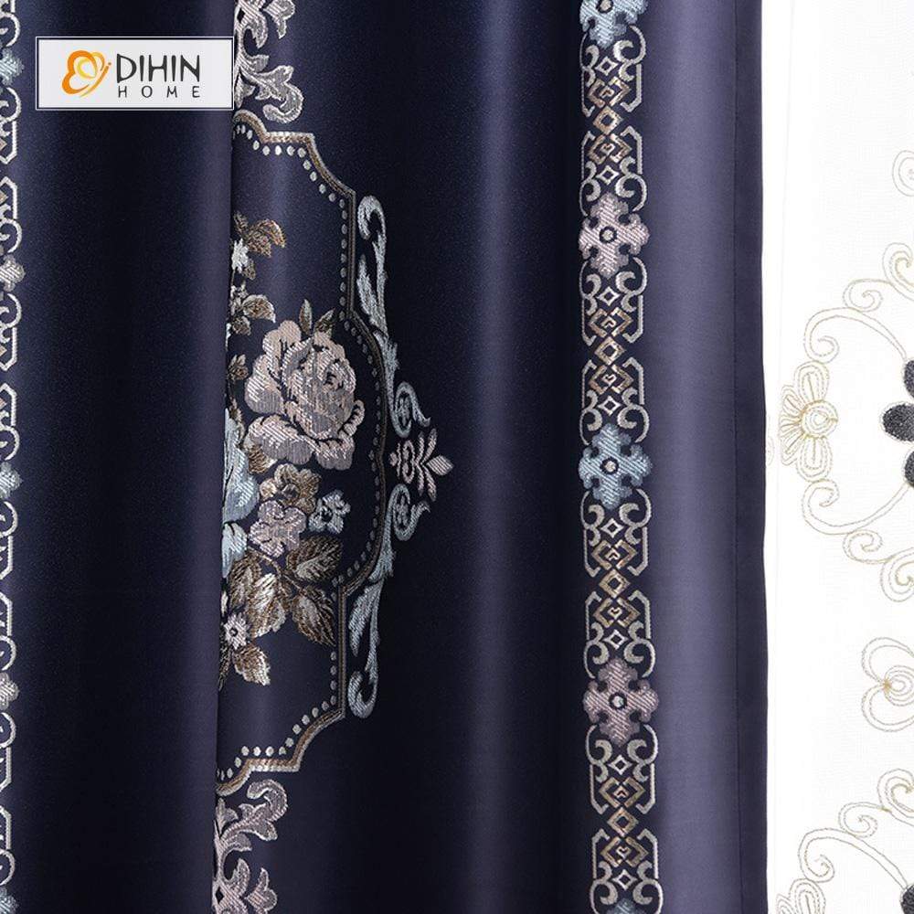 DIHINHOME Home Textile Pastoral Curtain DIHIN HOME SImple Navy Blue Flower Printed，Blackout Grommet Window Curtain for Living Room ,52x63-inch,1 Panel