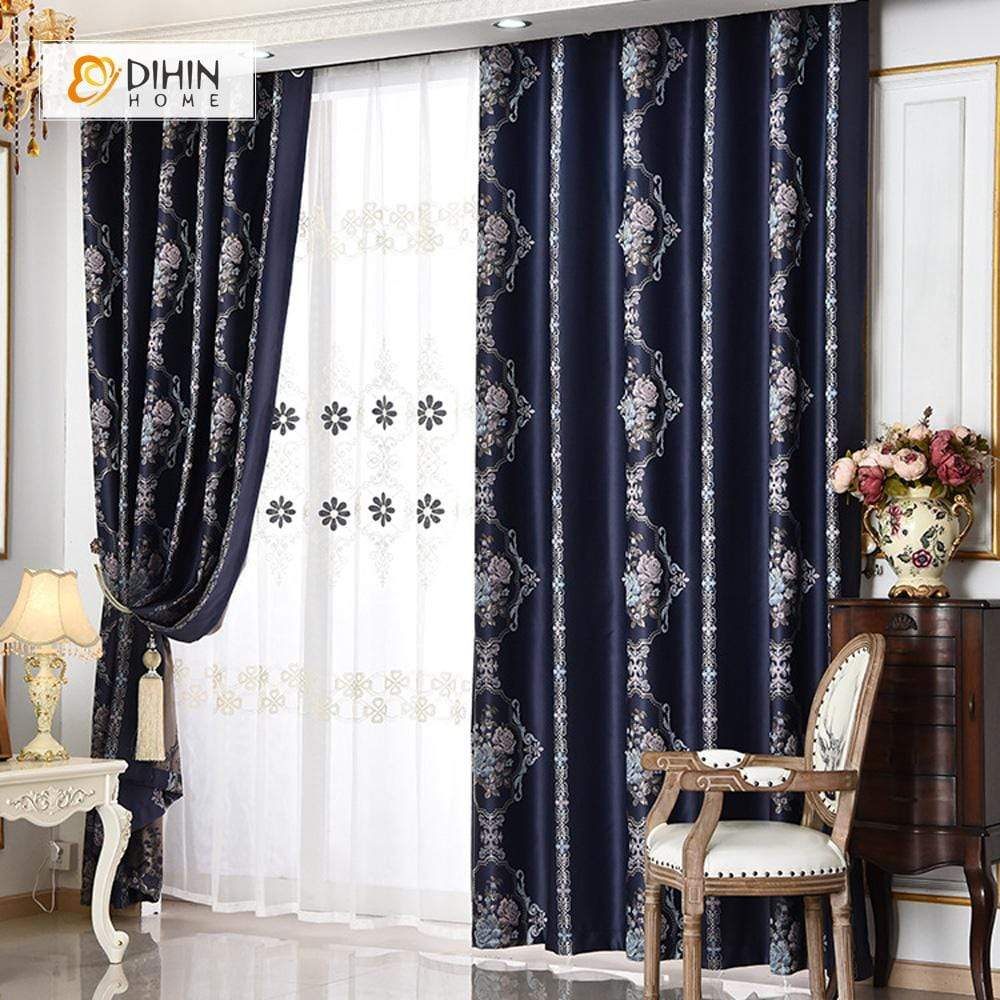 DIHINHOME Home Textile Pastoral Curtain DIHIN HOME SImple Navy Blue Flower Printed，Blackout Grommet Window Curtain for Living Room ,52x63-inch,1 Panel