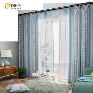 DIHINHOME Home Textile Pastoral Curtain DIHIN HOME Spliced Gradient Blue Print Leaves,Blackout Curtains Grommet Window Curtain for Living Room ,52x84-inch,1 Panel