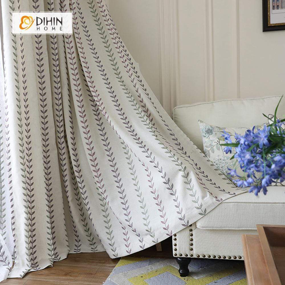 DIHINHOME Home Textile Pastoral Curtain DIHIN HOME Straight-Line Leaves Embroidered，Blackout Grommet Window Curtain for Living Room ,52x63-inch,1 Panel