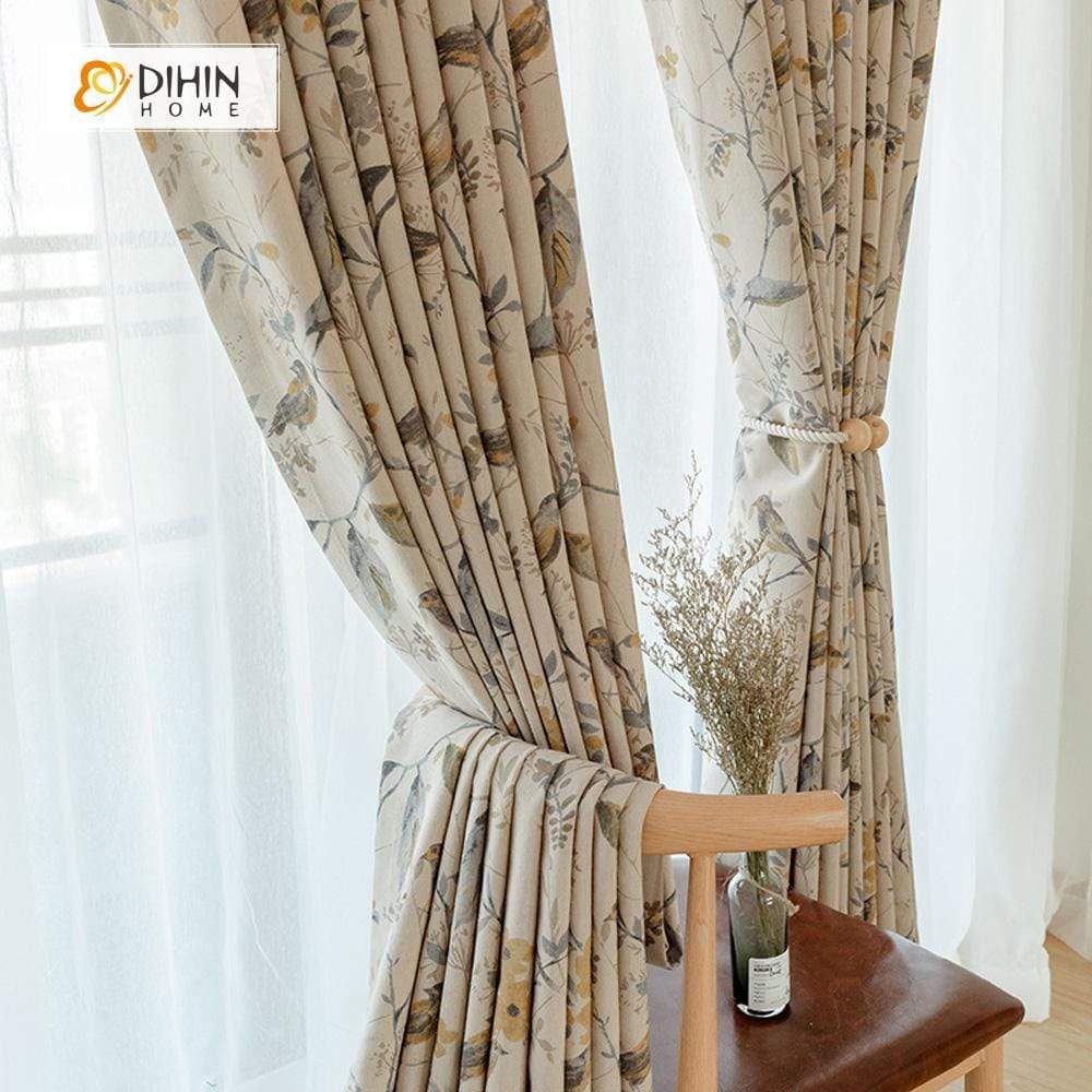DIHINHOME Home Textile Pastoral Curtain DIHIN HOME Thickness Flower and Bird Printed Curtains ,Cotton Linen ,Blackout Grommet Window Curtain for Living Room ,52x63-inch,1 Panel