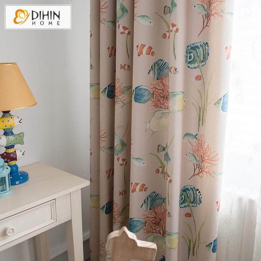 DIHINHOME Home Textile Pastoral Curtain DIHIN HOME Tropical Fish Printed,Blackout Grommet Window Curtain for Living Room ,52x63-inch,1 Pane