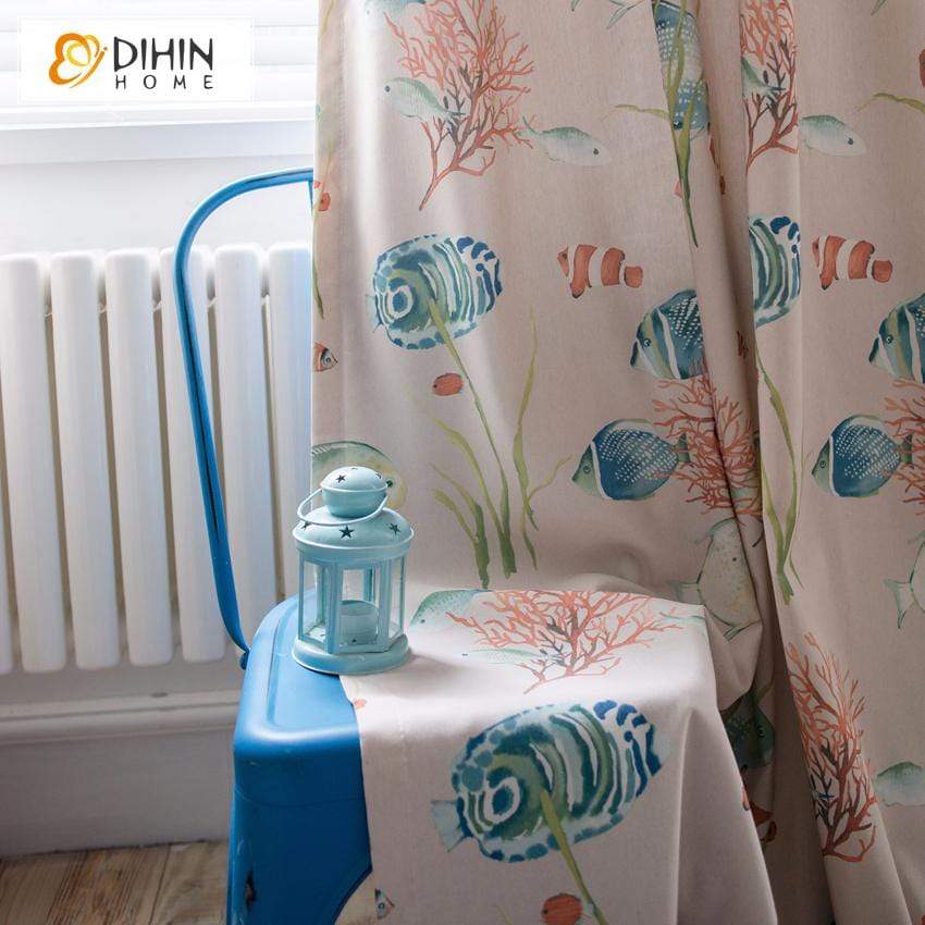 DIHINHOME Home Textile Pastoral Curtain DIHIN HOME Tropical Fish Printed,Blackout Grommet Window Curtain for Living Room ,52x63-inch,1 Pane