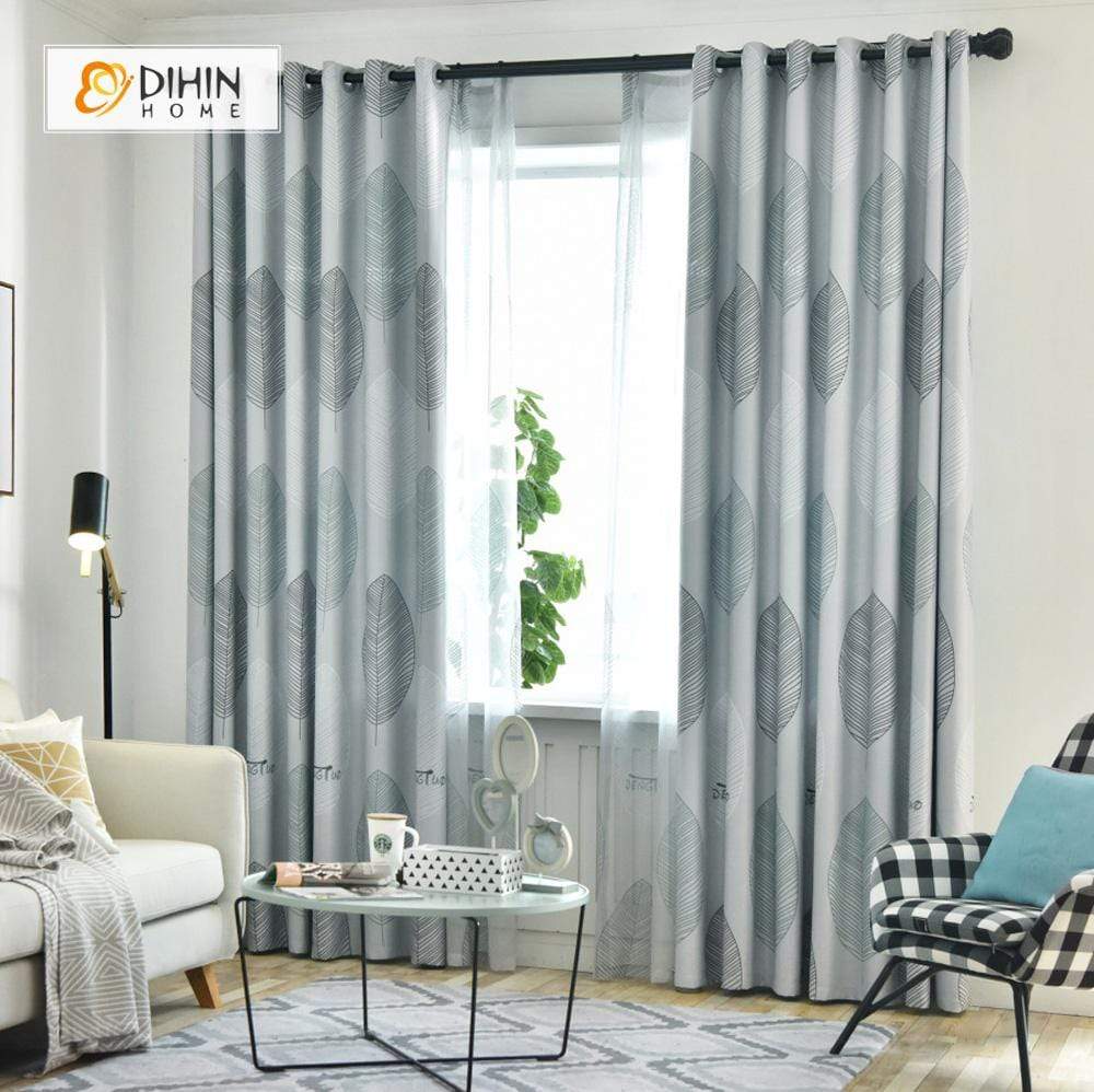 DIHINHOME Home Textile Pastoral Curtain DIHIN HOME White and Black Lines Leaves Printed，Blackout Grommet Window Curtain for Living Room ,52x63-inch,1 Panel