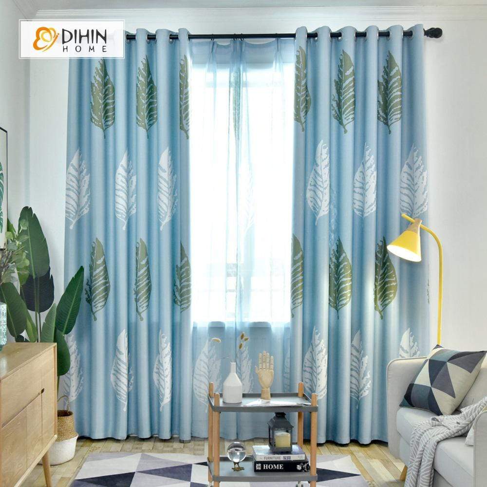 DIHINHOME Home Textile Pastoral Curtain DIHIN HOME White and Green Leaves Printed，Blackout Grommet Window Curtain for Living Room ,52x63-inch,1 Panel