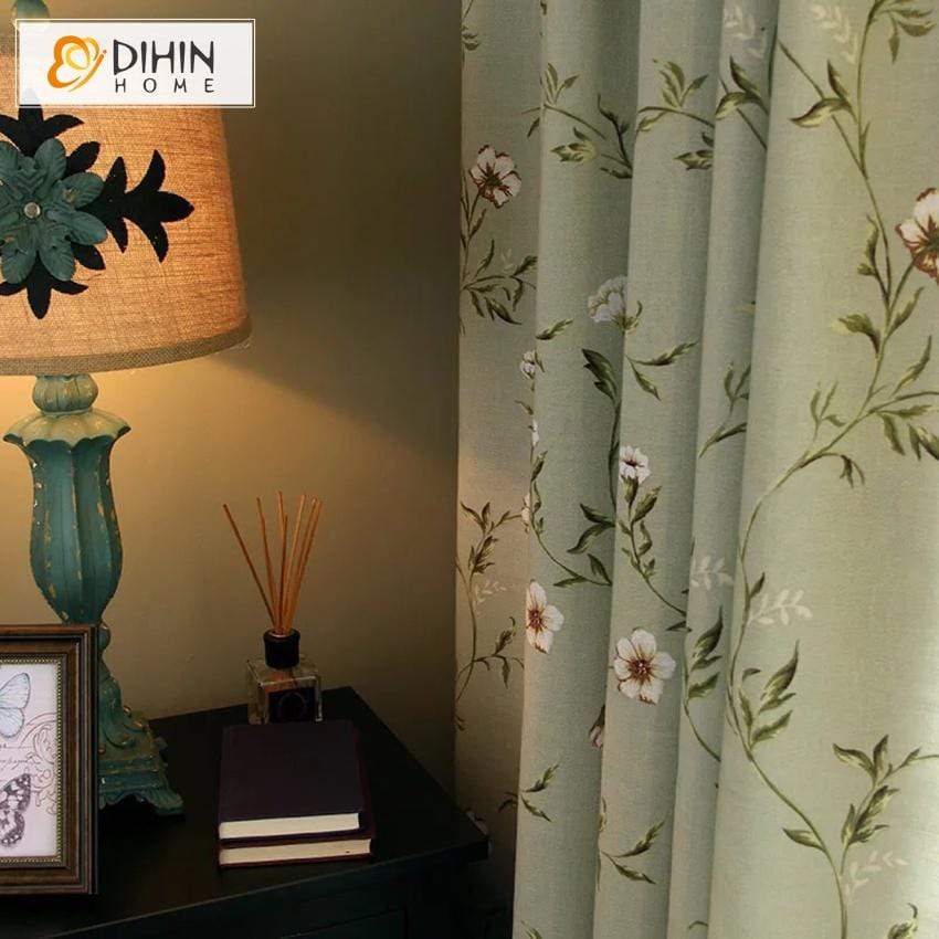 DIHINHOME Home Textile Pastoral Curtain DIHIN HOME White Flowers Green Background Printed,,Blackout Grommet Window Curtain for Living Room ,52x63-inch,1 Panel