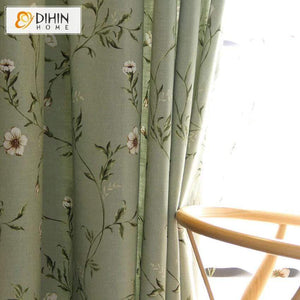 DIHINHOME Home Textile Pastoral Curtain DIHIN HOME White Flowers Green Background Printed,,Blackout Grommet Window Curtain for Living Room ,52x63-inch,1 Panel