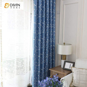 DIHINHOME Home Textile Pastoral Curtain DIHIN HOME White Leaves Embroidered Blue Curtain,Blackout Grommet Window Curtain for Living Room ,52x63-inch,1 Panel