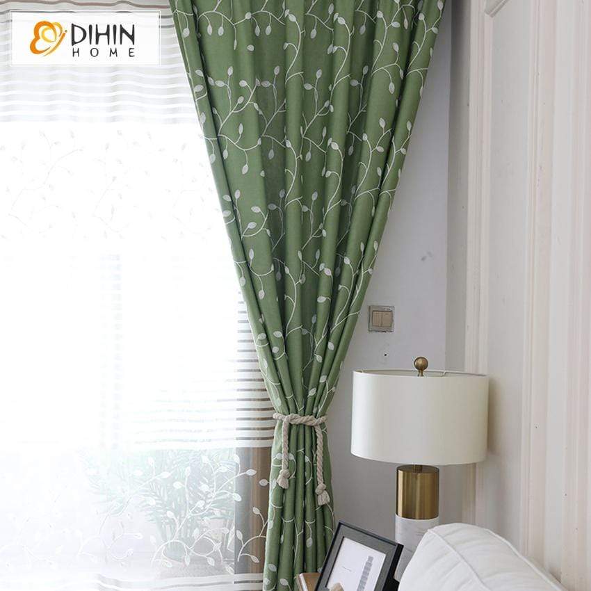 DIHINHOME Home Textile Pastoral Curtain DIHIN HOME White Leaves Embroidered Green Curtain,Blackout Grommet Window Curtain for Living Room ,52x63-inch,1 Panel