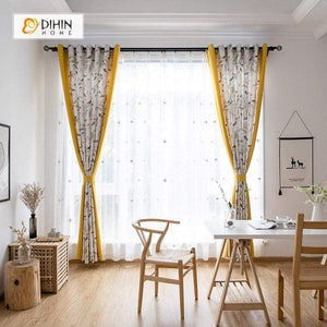 DIHINHOME Home Textile Pastoral Curtain DIHIN HOME Yellow and Birds Printed，Blackout Grommet Window Curtain for Living Room ,52x63-inch,1 Panel