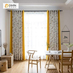 DIHINHOME Home Textile Pastoral Curtain DIHIN HOME Yellow and Birds Printed，Blackout Grommet Window Curtain for Living Room ,52x63-inch,1 Panel