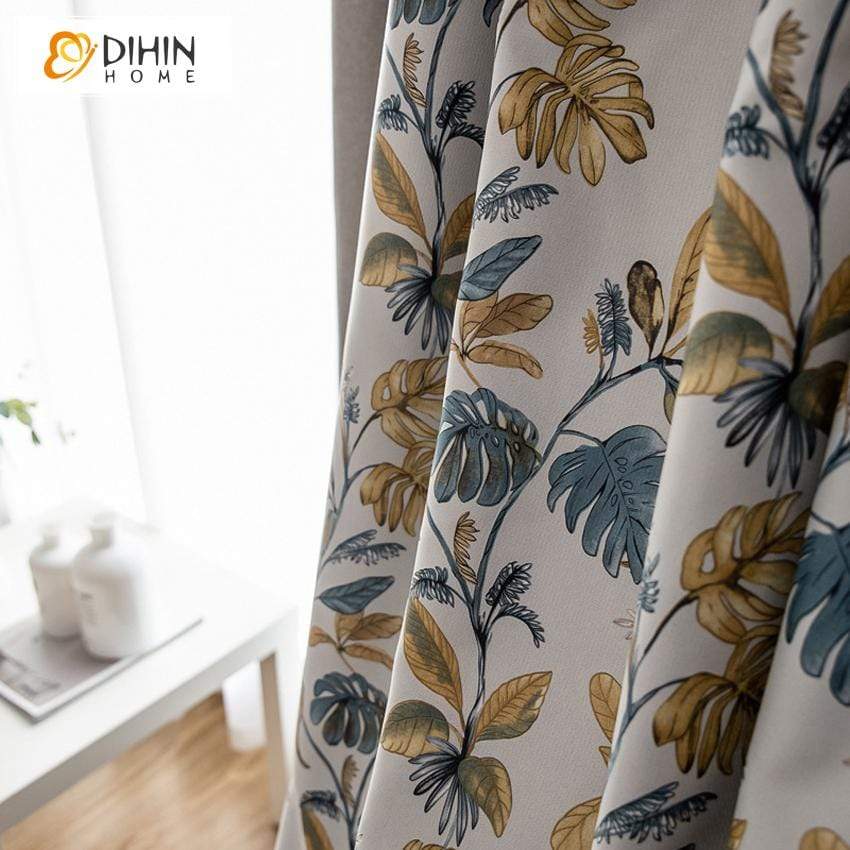 DIHINHOME Home Textile Pastoral Curtain DIHIN HOME Yellow and Blue Leaves Printed,Blackout Grommet Window Curtain for Living Room ,52x63-inch,1 Panel