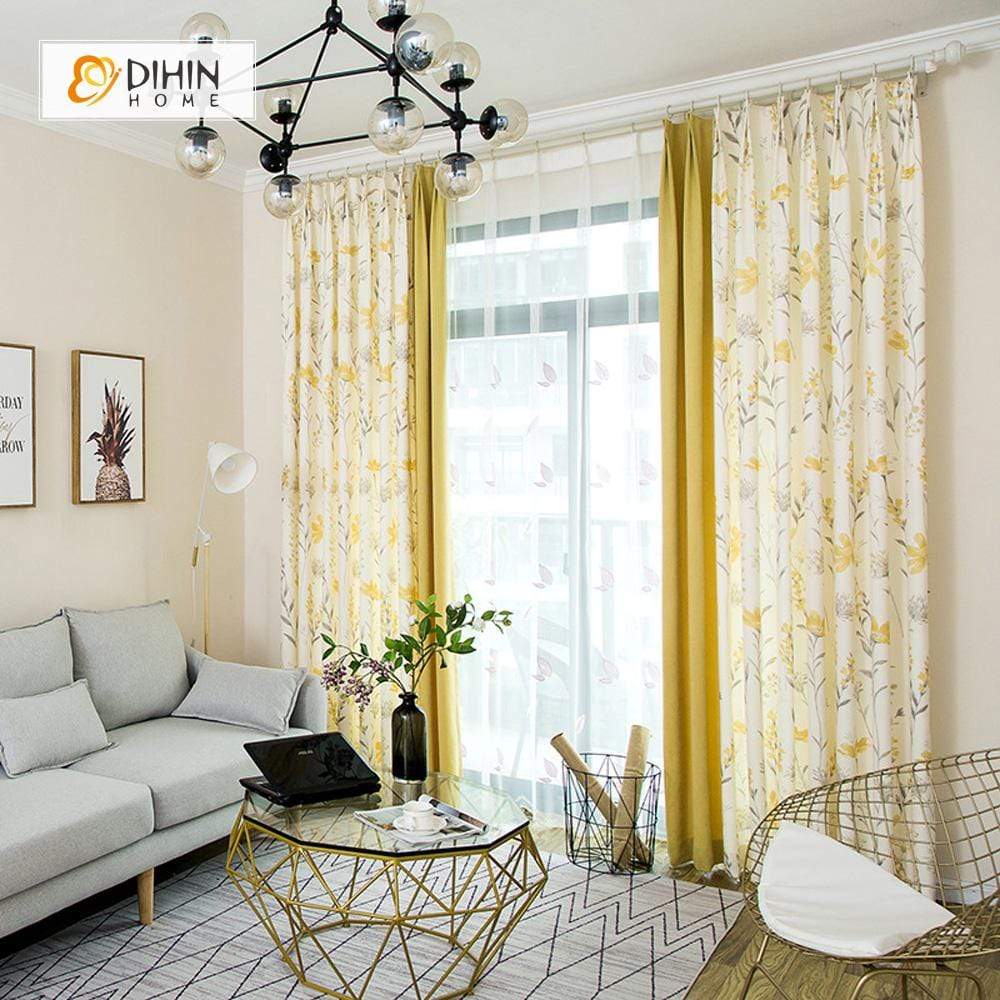 DIHINHOME Home Textile Pastoral Curtain DIHIN HOME Yellow Flower and Branch Printed，Blackout Grommet Window Curtain for Living Room ,52x63-inch,1 Panel