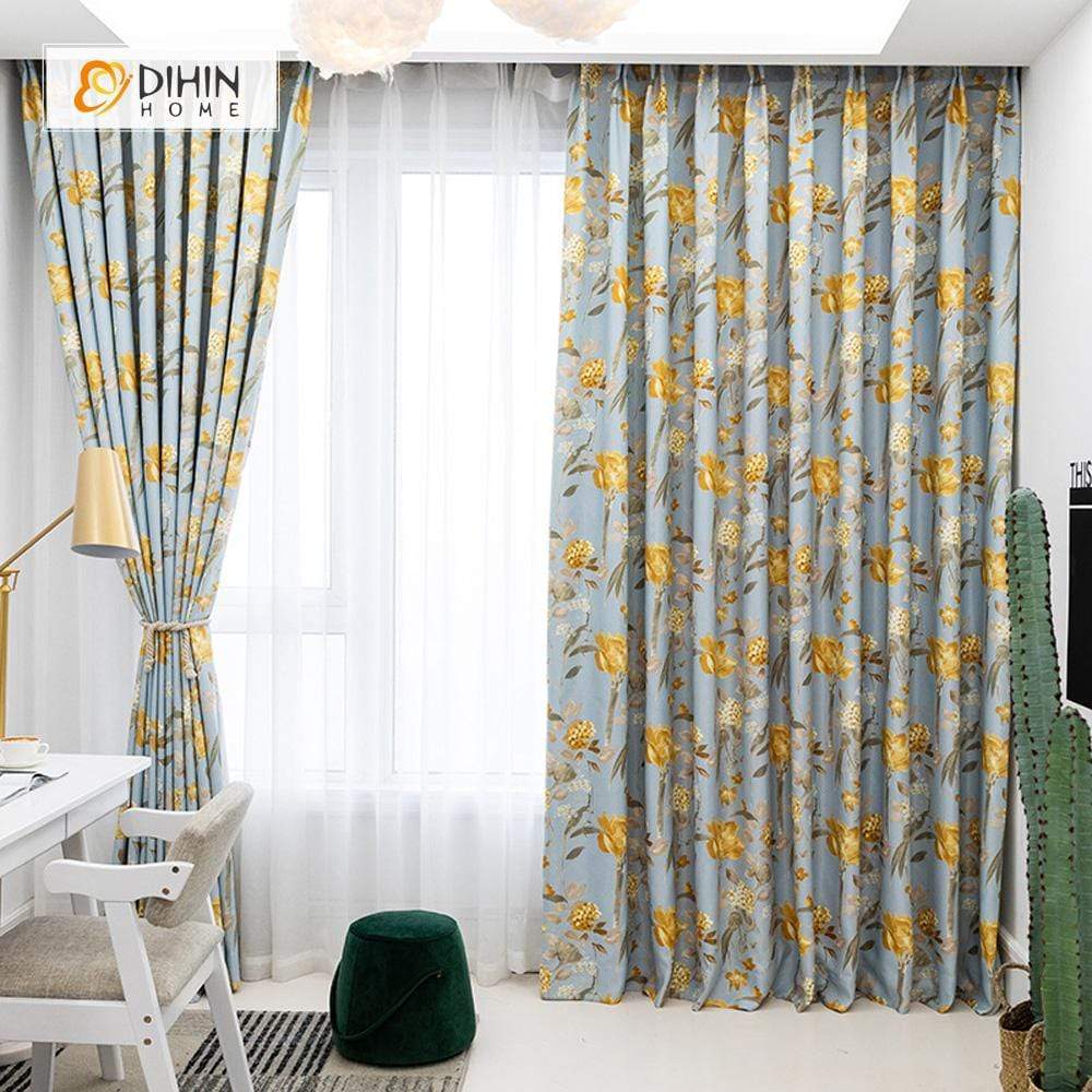 DIHINHOME Home Textile Pastoral Curtain DIHIN HOME Yellow Flowers Blue Background Printed，Blackout Grommet Window Curtain for Living Room ,52x63-inch,1 Panel