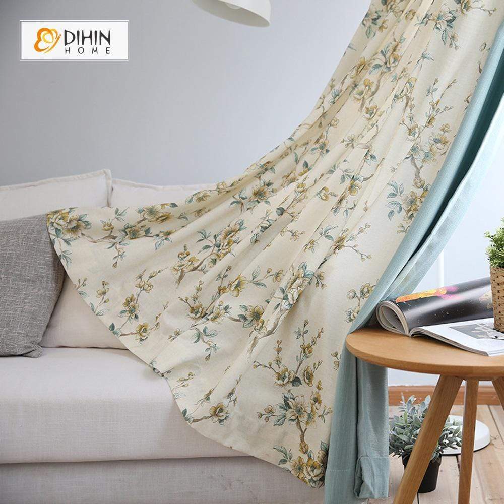 DIHINHOME Home Textile Pastoral Curtain DIHIN HOME Yellow Flowers Printed，Blackout Grommet Window Curtain for Living Room ,52x63-inch,1 Panel