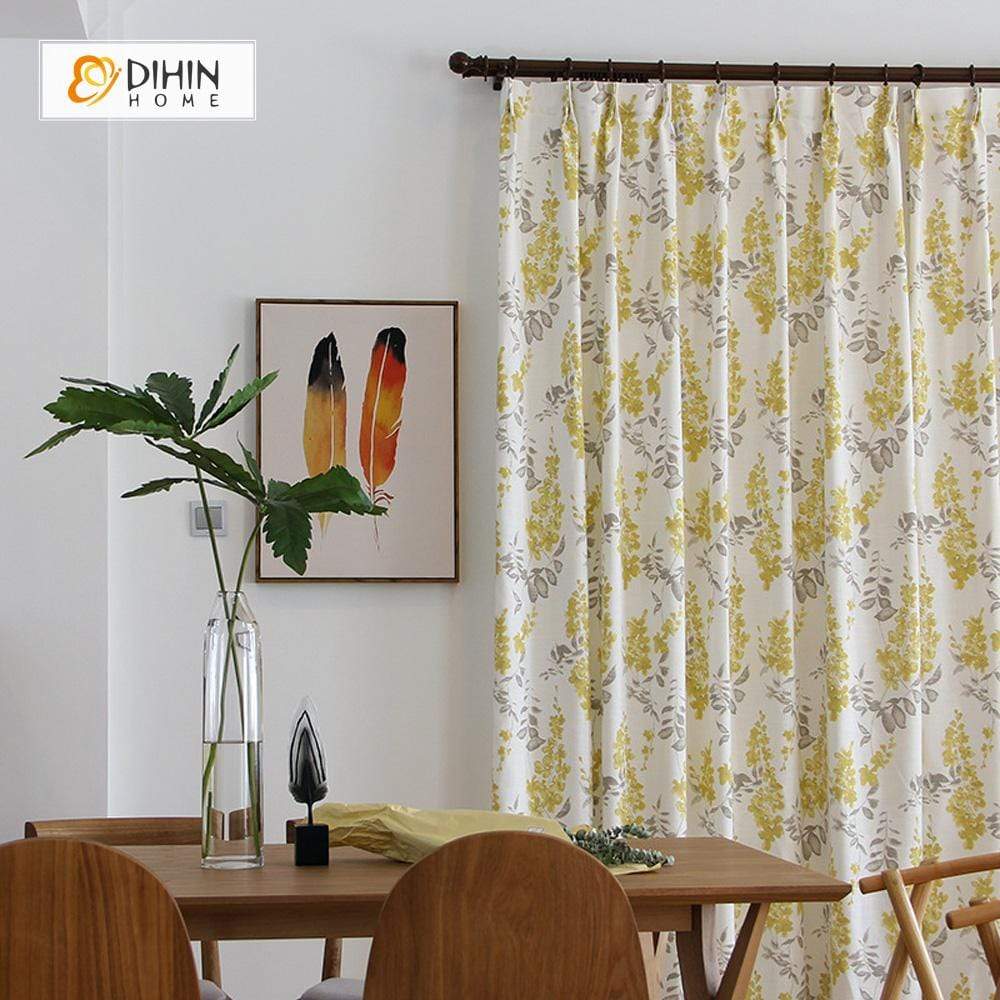DIHINHOME Home Textile Pastoral Curtain DIHIN HOME Yellow Flowers Printed ,Cotton Linen ,Blackout Grommet Window Curtain for Living Room ,52x63-inch,1 Panel