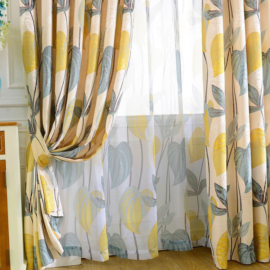 DIHINHOME Home Textile Pastoral Curtain Garden Jacquard Leaf Pattern Blackout Curtains Window Drapes For Living Room