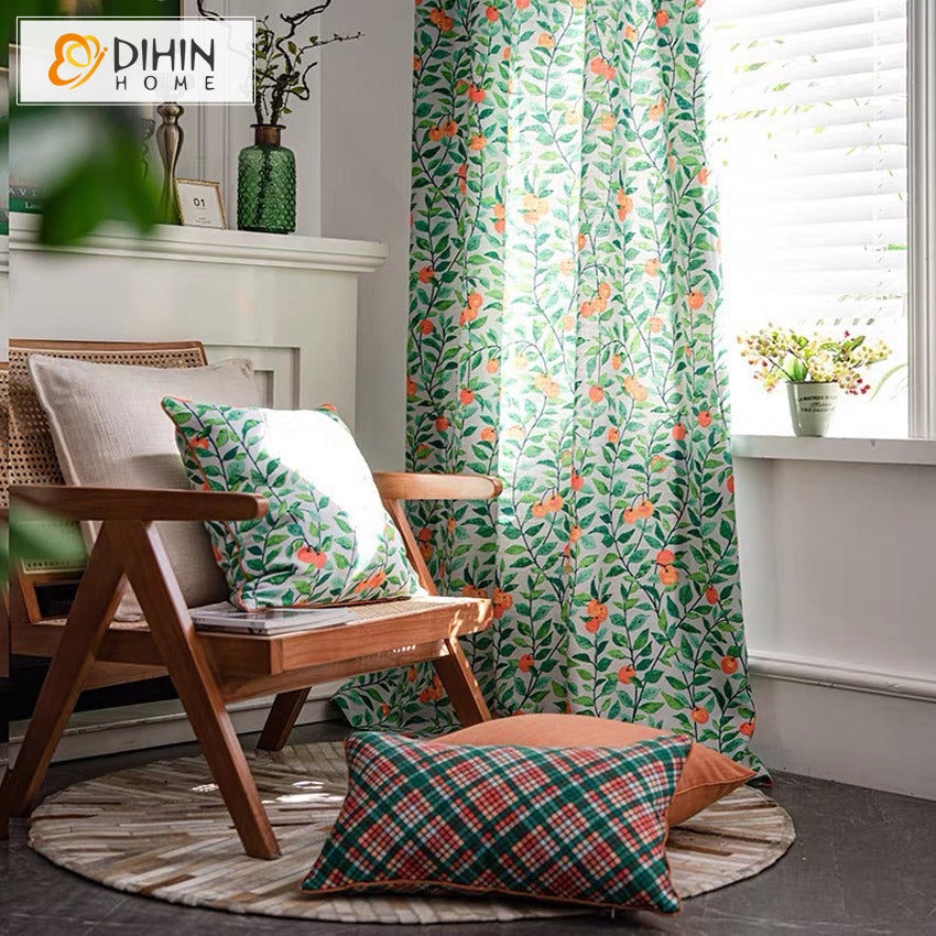 DIHINHOME Home Textile Pastoral Curtains DIHIN HOME Garden Green Leaves Cotton Linen Printed,Blackout Grommet Window Curtain for Living Room ,52x63-inch,1 Panel