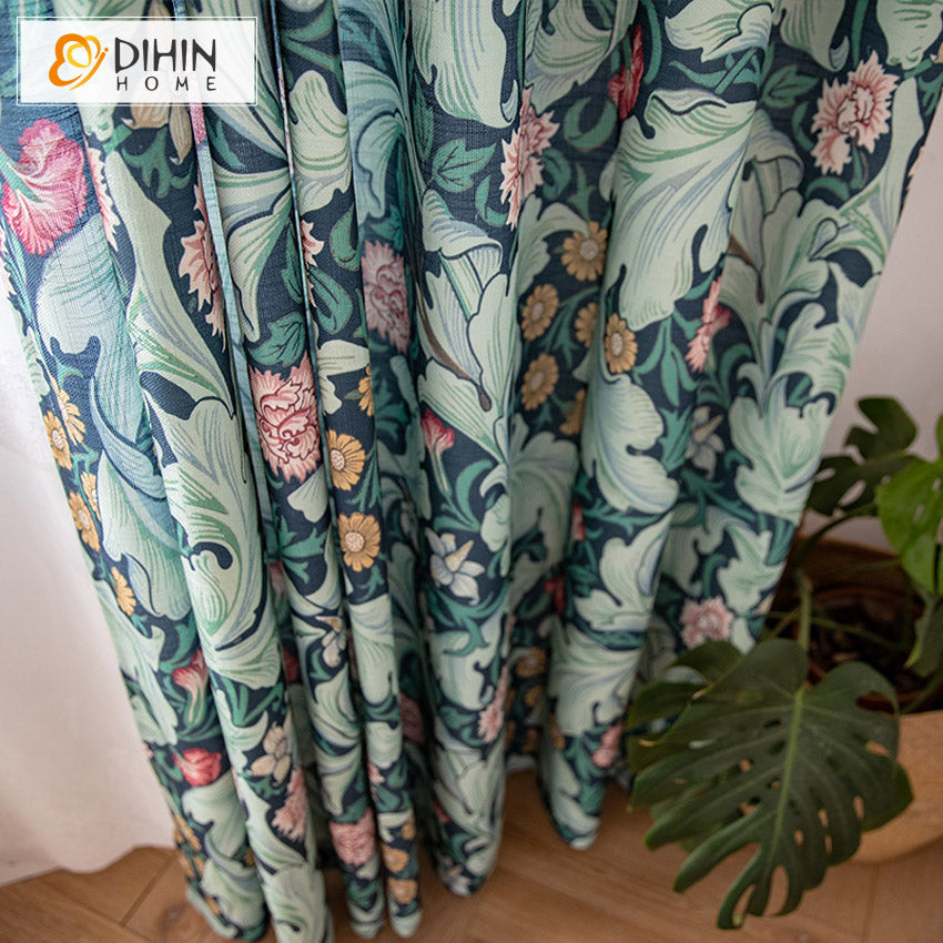 DIHINHOME Home Textile Pastoral Curtains DIHIN HOME Garden Retro Green Leaves Cotton Linen Printed,Blackout Grommet Window Curtain for Living Room ,52x63-inch,1 Panel