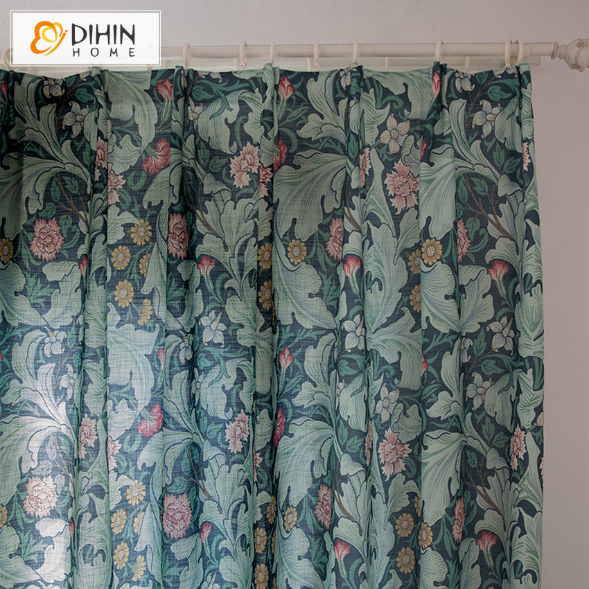 DIHINHOME Home Textile Pastoral Curtains DIHIN HOME Garden Retro Green Leaves Cotton Linen Printed,Blackout Grommet Window Curtain for Living Room ,52x63-inch,1 Panel