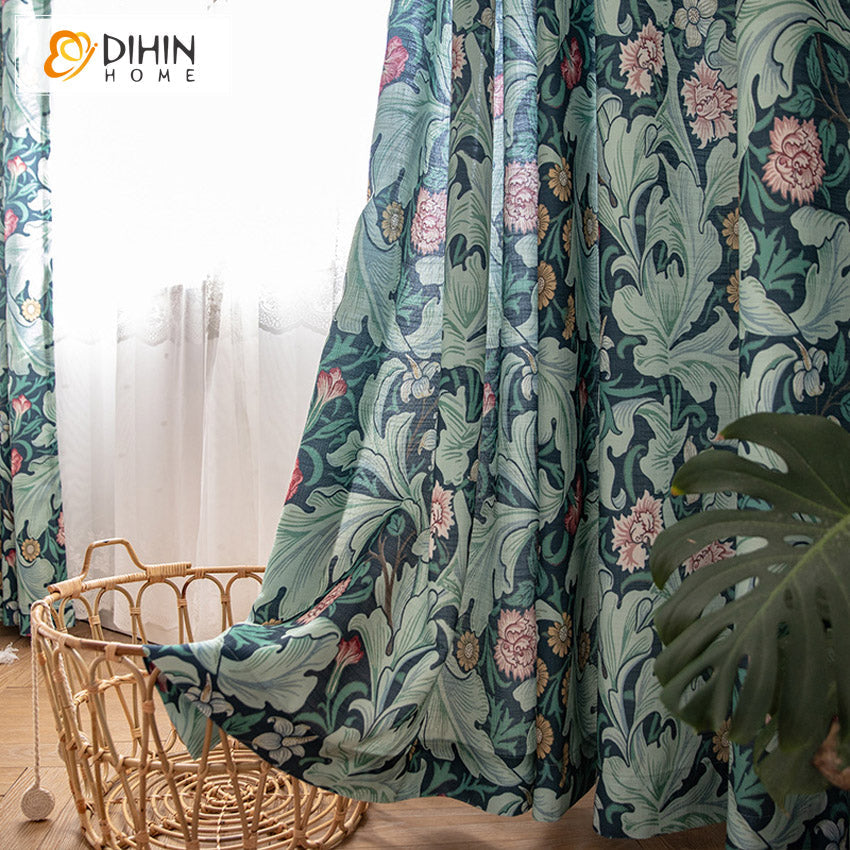 DIHINHOME Home Textile Pastoral Curtains DIHIN HOME Garden Retro Green Leaves Cotton Linen Printed,Blackout Grommet Window Curtain for Living Room ,52x63-inch,1 Panel