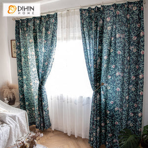 DIHINHOME Home Textile Pastoral Curtains DIHIN HOME Garden Retro Green Pomegranate Tree Cotton Linen Printed,Blackout Grommet Window Curtain for Living Room ,52x63-inch,1 Panel