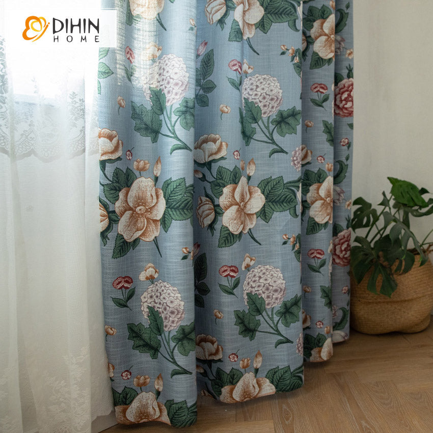 DIHINHOME Home Textile Pastoral Curtains DIHIN HOME Pastoral American Cotton Linen Flowers Printed,Blackout Grommet Window Curtain for Living Room ,52x63-inch,1 Panel