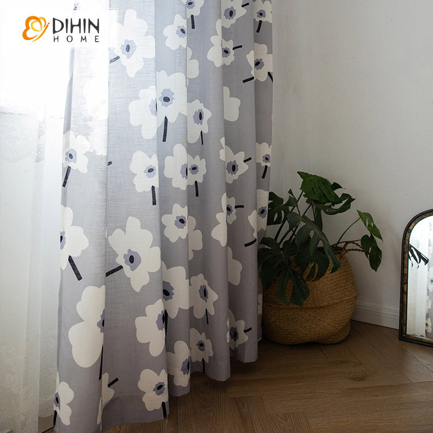 DIHINHOME Home Textile Pastoral Curtains DIHIN HOME Pastoral American Cotton Linen White Camellia Printed,Blackout Grommet Window Curtain for Living Room ,52x63-inch,1 Panel