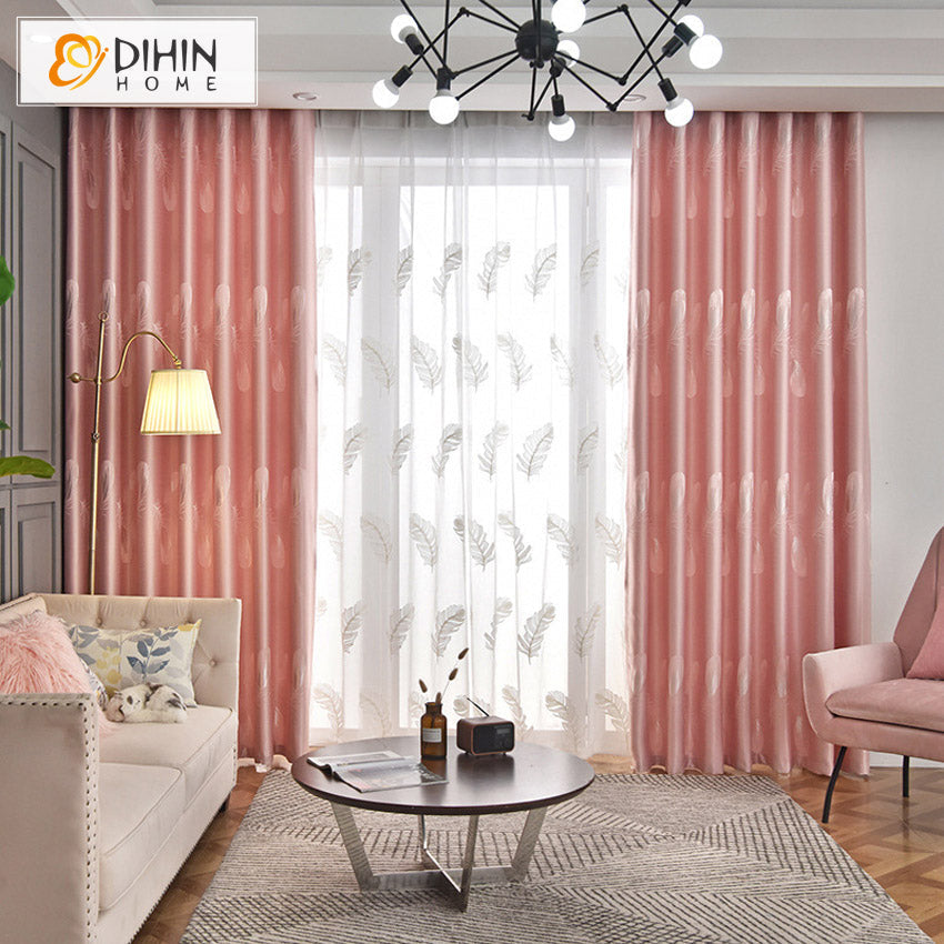 DIHINHOME Home Textile Pastoral Curtains DIHIN HOME Pastoral Pink Color Feather Printed,Blackout Grommet Window Curtain for Living Room ,52x63-inch,1 Panel