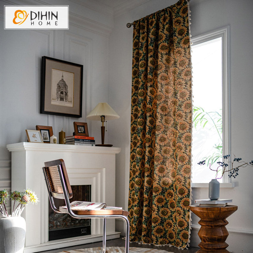 DIHINHOME Home Textile Pastoral Curtains DIHIN HOME Vintage Sunflower Printed,Blackout Grommet Window Curtain for Living Room ,52x63-inch,1 Panel