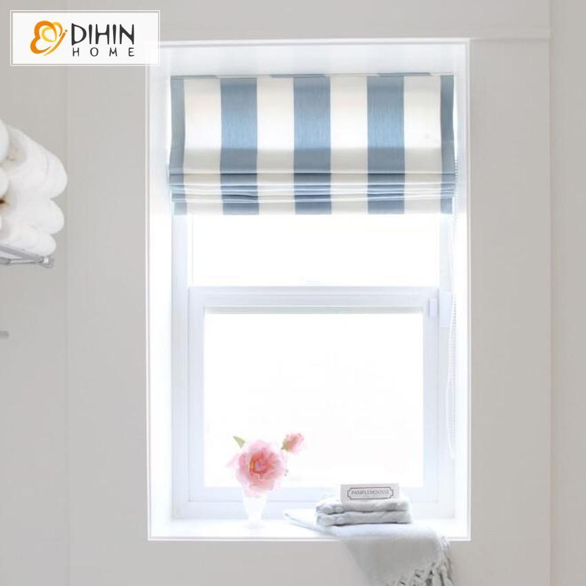 DIHINHOME Home Textile Roman Blind DIHIN HOME Blue and White Stripes Printed Roman Shades ,Easy Install Washable Curtains ,Customized Window Curtain Drape, 24"W X 64"H